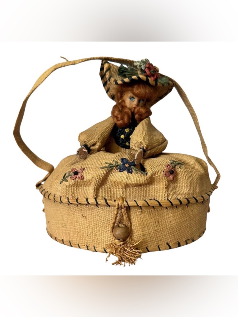 Vintage Straw Doll Purse with Embroidered Floral Detail